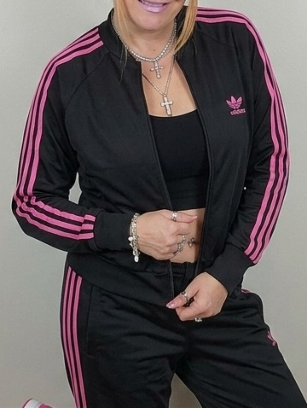 Adidas Black Track Jacket w/Hot Pink Stripes Zip Up Tracktop Trefoil Athleisure